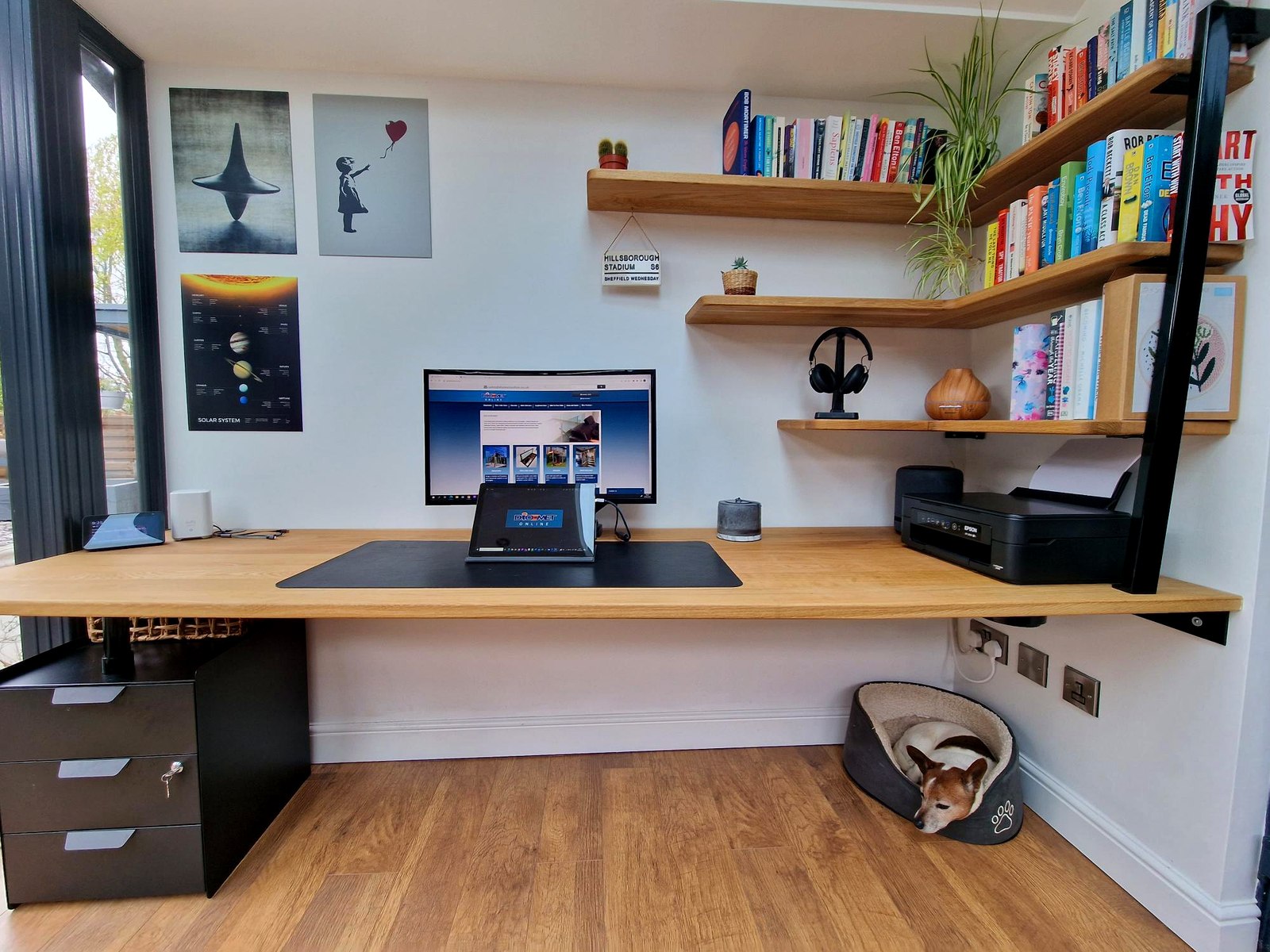 Bespoke 30mm solid oak office desk and floating oak shelves on powder-coated black steelwork, Stannington, Sheffield
